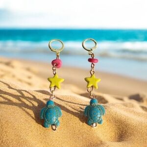 18K Gold Plated Turquoise Turtle Star Bead Huggie Earrings